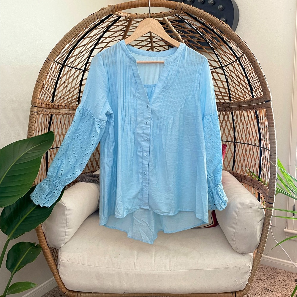 Sky Blue Lace Sleeved Blouse